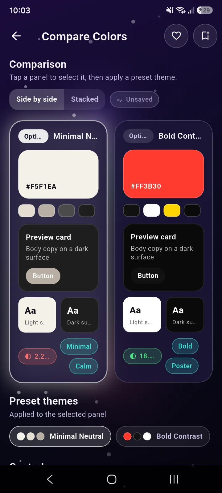 Design Compare colors screen